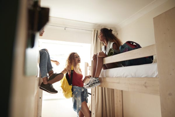 Girls hanging out in college dorm